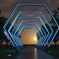 Garden Landscape Path With Blue Hexagonal Frames Lighting Red Displays Dusk Sky And Trees 3d model