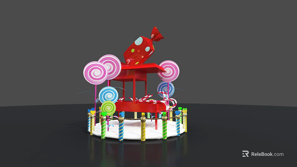 Colorful Candy Themed Carousel With Red Structure And Lollipop Decorations 3d model