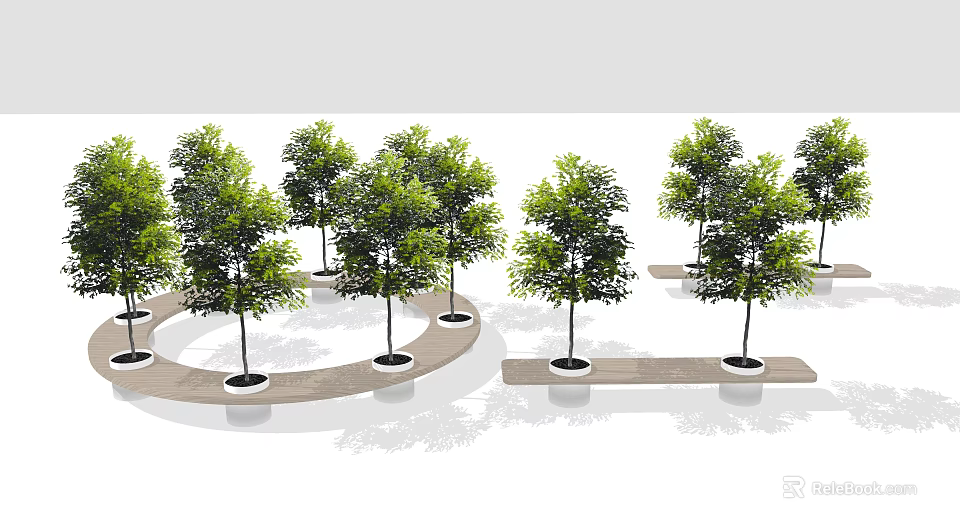 Landscape Seats In Tree Lined Green Outdoor Area With Curved Path Layout 3d model 