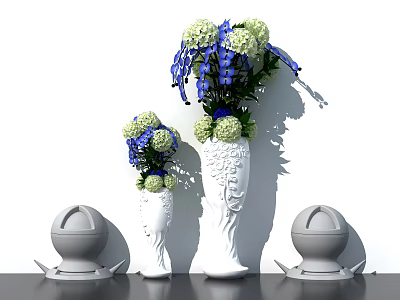 White Carved Ceramic Vases With Blue And White Flowers On Decorative Bases 3d model