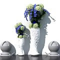 White Carved Ceramic Vases With Blue And White Flowers On Decorative Bases