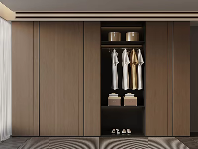 Modern Wooden Wardrobe Design With Hanging Clothes Folded Items And Shoes 3d model