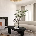 Elegant Modern Living Room Interior With Fireplace Chandelier Curved Sofas And Green Plant