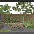 Courtyard Garden Featuring Wooden Fence Purple Flowers Green Plants Bench And Seating Table Chairs