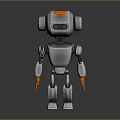 Silver Metallic Robot Character With Orange Accents Large Ears And Red Eye