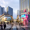 Modern Commercial Plaza With High Rise Buildings LED Screen Fountain Shops And Pedestrians