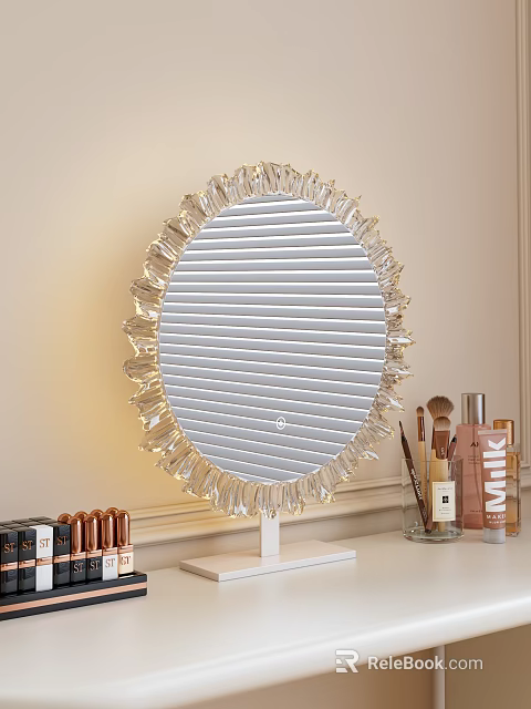 Dressing Table with Decorative Round Crystal Edge Mirror and Skincare Products Brushes on Countertop 3d model 