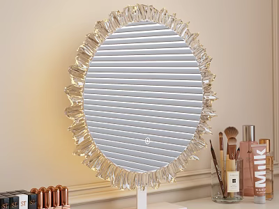 Dressing Table with Decorative Round Crystal Edge Mirror and Skincare Products Brushes on Countertop 3d model