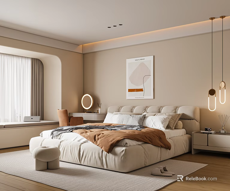 Modern Bedroom Interior Design With Large Bed Artwork Window Curtains And Nightstand 3d model