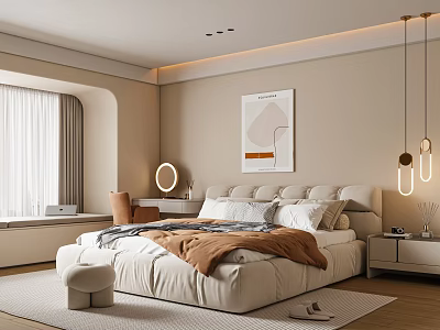 Modern Bedroom Interior Design With Large Bed Artwork Window Curtains And Nightstand 3d model