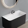 Modern Bathroom Double Washbasin Vanity With Black Sinks And Round Lighted Mirrors