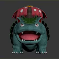 Turquoise Fantasy Game Character With Open Mouth Red Eyes Green Leaf And Pink Flower