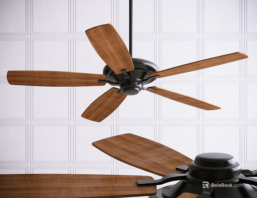 Modern Air Conditioner Fan with Wooden Blades Black Base and White Grid Wall Background 3d model 