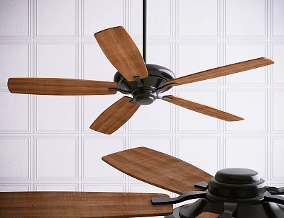 Modern Air Conditioner Fan with Wooden Blades Black Base and White Grid Wall Background 3d model