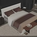Modern Elegant Double Bed Interior with Upholstered Headboard Brown Pillows Nightstand Lamp and Bench