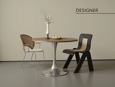 Modern Minimalist Round Dining Table with Wooden Top Metal Base Vase Plant and Two Chairs 3d model