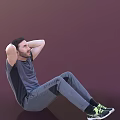 Man Sitting with Hands Behind Head in Gray T-shirt and Pants on Warm Gradient Background
