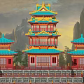 Traditional Chinese Ancient Architecture Multi Tiered Pagoda With Curved Eaves And Mountain Backdrop