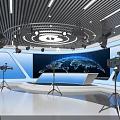 Modern Tech Studio Interior With White Conference Table Black Chairs Blue Screens And Lighting Equipment