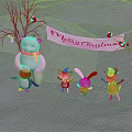 Cartoon Christmas Scene With Snowy Mountain Festive Animals And Merry Christmas Banner