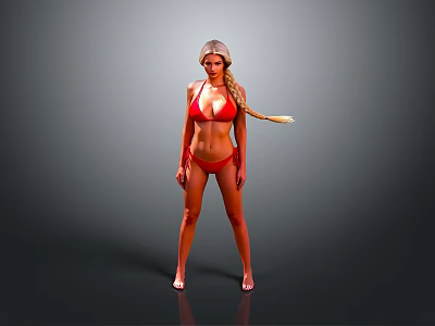 Woman In Red Bikini With Long Blonde Braid Standing Against Gray Background 3d model