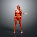 Woman In Red Bikini With Long Blonde Braid Standing Against Gray Background