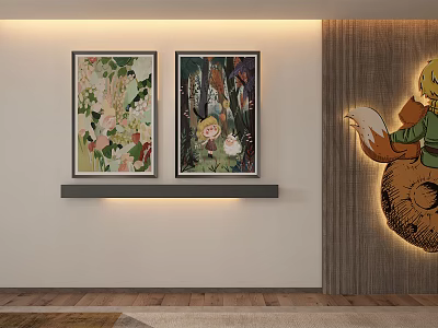 Two Colorful Paintings And Decorative Fox Figure On Light Colored Wall With Wooden Accents 3d model