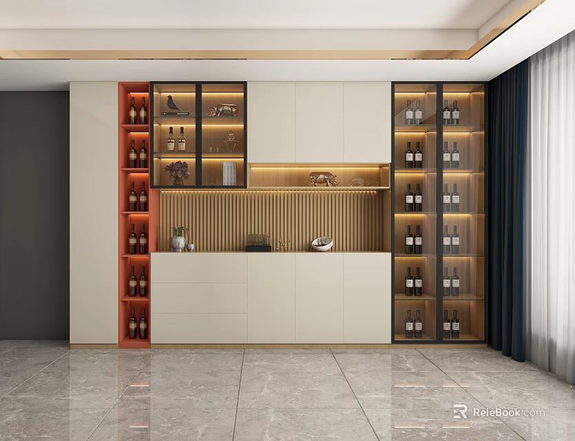 Modern Wine Cabinet Design With Glass Doors Wine Bottles And Storage Space 3d model 