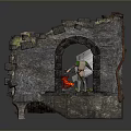Stone Ruin Scene With Arched Stained Glass Window Flames Candles And Plants