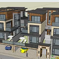 Modern Luxury Townhouse Exterior With Balconies Parking Spaces Mountain View And Greenery