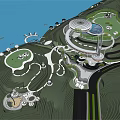 Modern Circular Cultural Center Building With Green Roof Surrounded by Lake and Mountains 3d model
