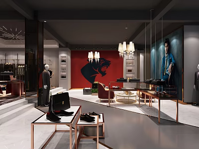 Luxury Clothing Store Interior Design With Mannequins Display Tables Chandeliers And Artwork 3d model