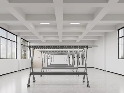 Spacious Storage Room With Metal Clothes Racks White Ceiling Large Windows And Gray Tiles 3d model