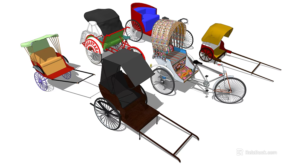 Vintage Rickshaws With Various Colors Styles And Traditional Design Elements 3d model