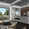Modern Industrial Café Interior With Large Windows Wooden Bar And Pendant Lights