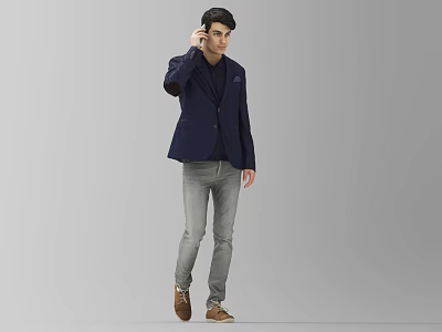 Stylish Man Wearing Navy Blue Blazer Gray Pants And Brown Shoes Talking 3d model