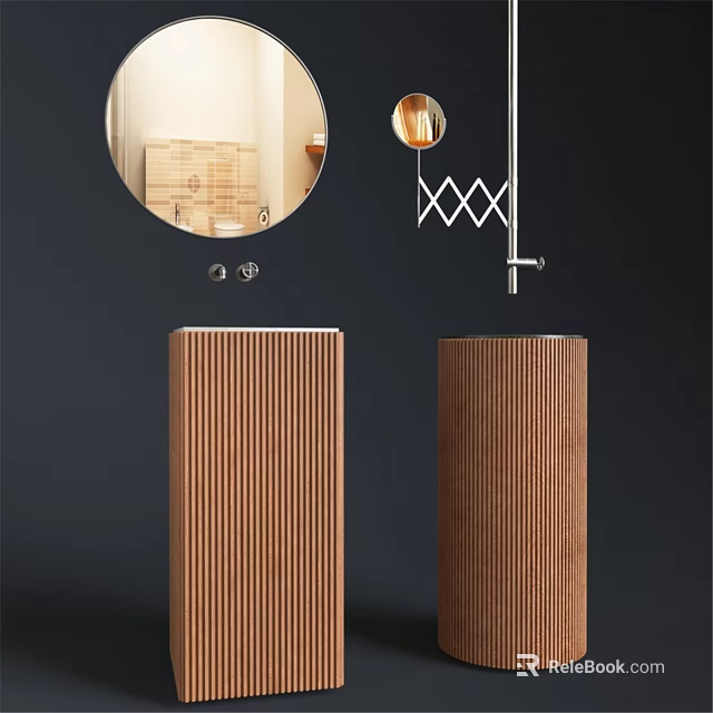 Modern Vertical Striped Brown Washbasin With Round Mirror And Metal Decor 3d model 