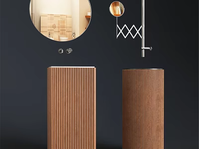 Modern Vertical Striped Brown Washbasin With Round Mirror And Metal Decor 3d model