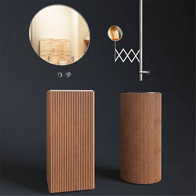 Modern Vertical Striped Brown Washbasin With Round Mirror And Metal Decor 3d model