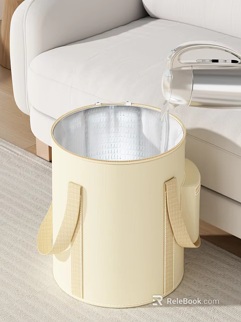 Beige Collapsible Wash Basin With Handles And Kettle Pouring Water In Living Room 3d model 