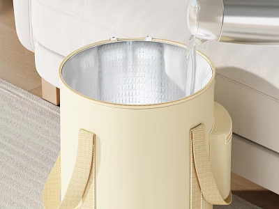Beige Collapsible Wash Basin With Handles And Kettle Pouring Water In Living Room 3d model