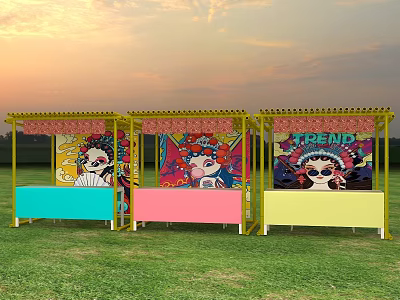 Outdoor Display Stands With Yellow Frames Colorful Countertops And Trendy Cartoon Graphics 3d model