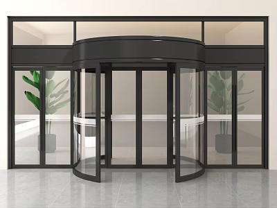 Black Frame Transparent Glass Revolving Door In Indoor Environment With Plants And Gray Floor Tiles 3d model