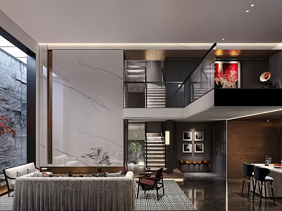 Modern Basement Interior With Open Layout Staircase Sofa And Dining Furniture 3d model