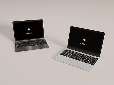 Two Gray and Silver Apple Laptops with Black Screens on Light Background 3d model