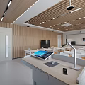 Modern Classroom With Wooden Walls White Tables Tablets Large Screen Projector And Ceiling Lighting