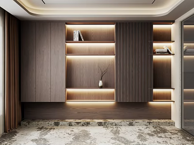 Modern Wooden Tea Cabinet Design With LED Lighting And Layered Storage Shelves 3d model