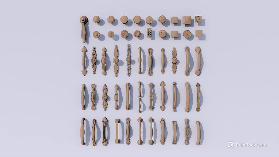 Various Shapes And Styles Door Handles In Light Brown Wooden Tones Neatly Arranged 3d model 