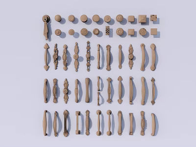 Various Shapes And Styles Door Handles In Light Brown Wooden Tones Neatly Arranged 3d model