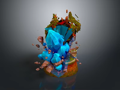 Wood and Stone Artistic Sculpture Featuring Blue Crystals Green Foliage and Rocks 3d model